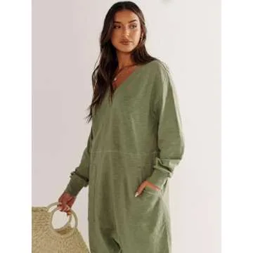 ANRABESS Jumpsuits for Women 2024 Fall Long Sleeve Casual Loose Fit Romper Lounge One Piece Pajamas Outfits Jumper Pea Large
