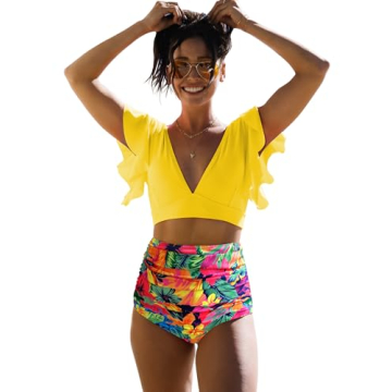 SPORLIKE Women Ruffle High Waist Swimsuit Two Pieces Push Up Tropical Print Bikini (Floral/Yellow 3,...