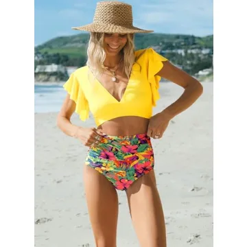SPORLIKE Women Ruffle High Waist Swimsuit Two Pieces Push Up Tropical Print Bikini (Floral/Yellow 3,X-Large)