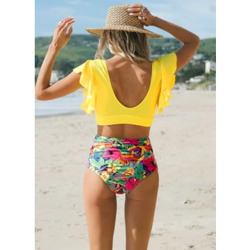 SPORLIKE Women Ruffle High Waist Swimsuit Two Pieces Push Up Tropical Print Bikini (Floral/Yellow 3,X-Large)