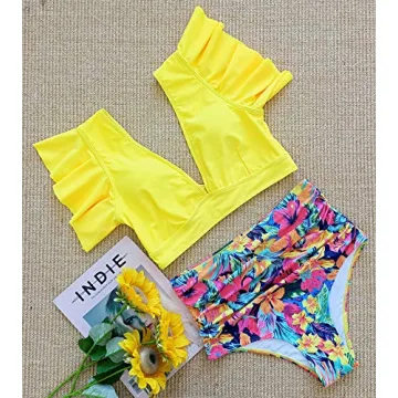 SPORLIKE Women Ruffle High Waist Swimsuit Two Pieces Push Up Tropical Print Bikini (Floral/Yellow 3,X-Large)