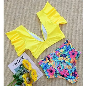 SPORLIKE Women Ruffle High Waist Swimsuit Two Pieces Push Up Tropical Print Bikini (Floral/Yellow 3,X-Large)