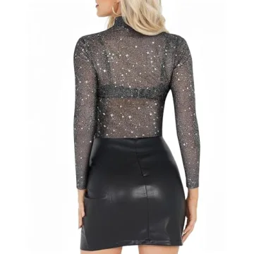 MANGOPOP Glitter Sheer Mesh Top Women Long Sleeve Sexy Shirt See Through Clubwear Tee Slim Blouse
