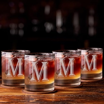 Monogrammed Gifts for Men - 4PC 11 Oz Custom Whiskey Glasses (H-Monogram) - Engraved Whiskey Glasses - Personalized Whiskey Glasses - Unique Bourbon Glasses - Personalized Glass Gifts for Dad