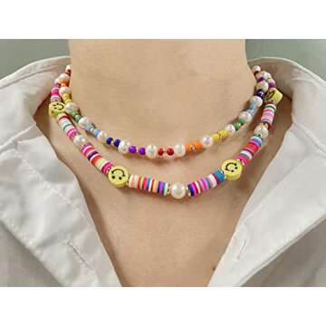 Pearl Bead Choker Necklaces for Women- Colorful Poly Glass Seed Beads Necklace, Bohemian Smiley Face Beaded Neck Chain Jewelry