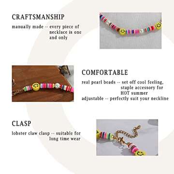 Pearl Bead Choker Necklaces for Women- Colorful Poly Glass Seed Beads Necklace, Bohemian Smiley Face Beaded Neck Chain Jewelry
