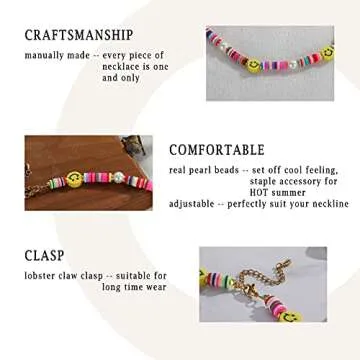 Pearl Bead Choker Necklaces for Women- Colorful Poly Glass Seed Beads Necklace, Bohemian Smiley Face Beaded Neck Chain Jewelry