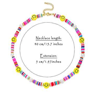 Pearl Bead Choker Necklaces for Women- Colorful Poly Glass Seed Beads Necklace, Bohemian Smiley Face Beaded Neck Chain Jewelry