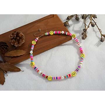 Pearl Bead Choker Necklaces for Women- Colorful Poly Glass Seed Beads Necklace, Bohemian Smiley Face Beaded Neck Chain Jewelry