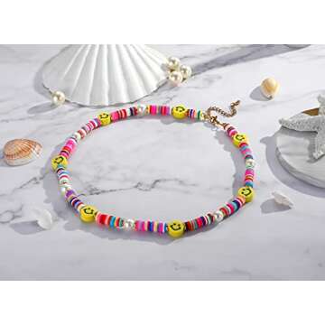 Pearl Bead Choker Necklaces for Women- Colorful Poly Glass Seed Beads Necklace, Bohemian Smiley Face Beaded Neck Chain Jewelry
