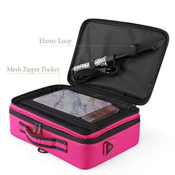 Luxspire Travel Makeup Bag Cosmetic Case, 3 Layer Large Professional Cosmetic Train Case, Valentines Day Portable Makeup Brush Holder Organizer Artist Storage Bag With Shoulder Strap Mirror, Magenta