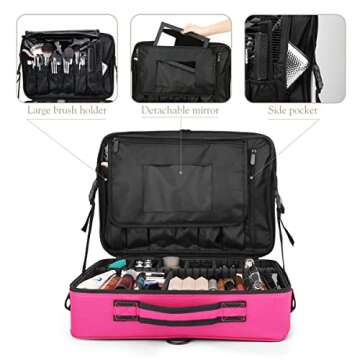 Luxspire Travel Makeup Bag Cosmetic Case, 3 Layer Large Professional Cosmetic Train Case, Valentines Day Portable Makeup Brush Holder Organizer Artist Storage Bag With Shoulder Strap Mirror, Magenta