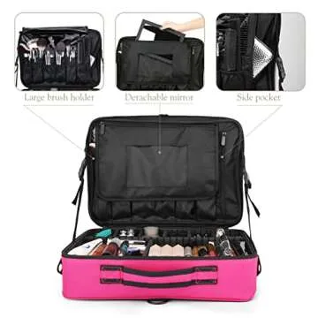 Luxspire Travel Makeup Bag Cosmetic Case, 3 Layer Large Professional Cosmetic Train Case, Valentines Day Portable Makeup Brush Holder Organizer Artist Storage Bag With Shoulder Strap Mirror, Magenta