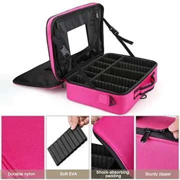 Luxspire Travel Makeup Bag Cosmetic Case, 3 Layer Large Professional Cosmetic Train Case, Valentines Day Portable Makeup Brush Holder Organizer Artist Storage Bag With Shoulder Strap Mirror, Magenta