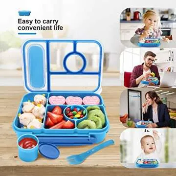 Amathley Bento box adult lunch box,lunch box kids,lunch containers for Adults/Kids/Toddler,5 Compartments bento Lunch box for kids with Sauce Vontainers,Microwave & Dishwasher & Freezer Safe(Blue)