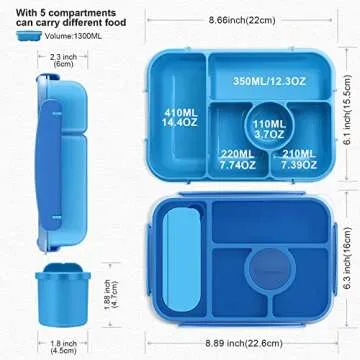 Amathley Bento box adult lunch box,lunch box kids,lunch containers for Adults/Kids/Toddler,5 Compartments bento Lunch box for kids with Sauce Vontainers,Microwave & Dishwasher & Freezer Safe(Blue)