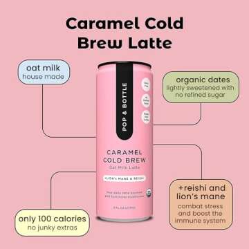Pop & Bottle, Oat Milk Lattes - Cold Brew with Lions Mane & Reishi, MCT Oil, Single Shot Cold Brew, Mushrooms, Organic, Dairy Free, Gluten Free, Great as Iced Coffee, Lightly Sweetened with Dates - Caramel, 8 Fl Oz (12 Pack)