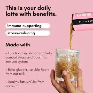 Pop & Bottle, Oat Milk Lattes - Cold Brew with Lions Mane & Reishi, MCT Oil, Single Shot Cold Brew, Mushrooms, Organic, Dairy Free, Gluten Free, Great as Iced Coffee, Lightly Sweetened with Dates - Caramel, 8 Fl Oz (12 Pack)