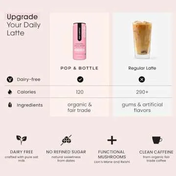 Pop & Bottle, Oat Milk Lattes - Cold Brew with Lions Mane & Reishi, MCT Oil, Single Shot Cold Brew, Mushrooms, Organic, Dairy Free, Gluten Free, Great as Iced Coffee, Lightly Sweetened with Dates - Caramel, 8 Fl Oz (12 Pack)