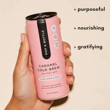 Pop & Bottle, Oat Milk Lattes - Cold Brew with Lions Mane & Reishi, MCT Oil, Single Shot Cold Brew, Mushrooms, Organic, Dairy Free, Gluten Free, Great as Iced Coffee, Lightly Sweetened with Dates - Caramel, 8 Fl Oz (12 Pack)