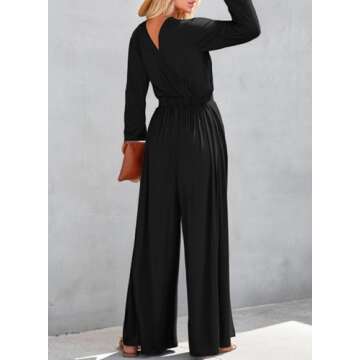 Dokotoo Jumpsuit for Womens Dressy Casual Long Sleeve Resort Wear One Piece Wrapped V Neck 2024 Open Back Long Romper Elastic Waist with Pockets Outfits for Fall,Black Medium