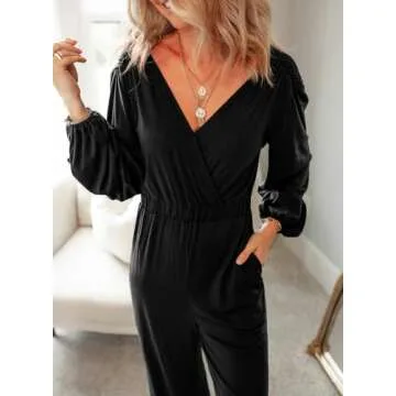 Dokotoo Jumpsuit for Womens Dressy Casual Long Sleeve Resort Wear One Piece Wrapped V Neck 2024 Open Back Long Romper Elastic Waist with Pockets Outfits for Fall,Black Medium