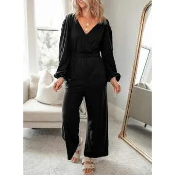 Dokotoo Jumpsuit for Womens Dressy Casual Long Sleeve Resort Wear One Piece Wrapped V Neck 2024 Open Back Long Romper Elastic Waist with Pockets Outfits for Fall,Black Medium