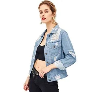 Floerns Women's Causal Long Sleeve Wash Distressed Jean Denim Jacket A Blue S