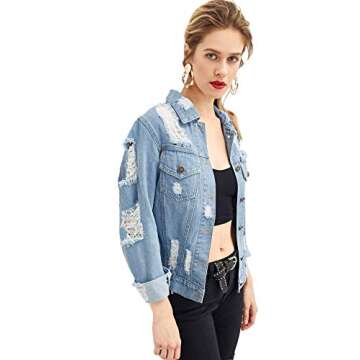 Floerns Women's Causal Long Sleeve Wash Distressed Jean Denim Jacket A Blue S
