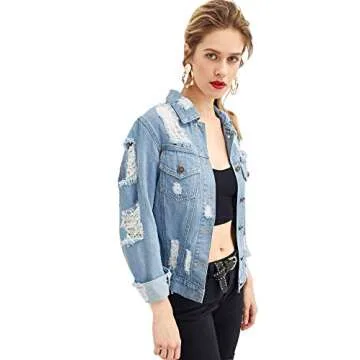 Floerns Women's Causal Long Sleeve Wash Distressed Jean Denim Jacket A Blue S