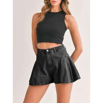 PLNOTME Women’s Pleated Jean Shorts - High Waisted Flare Design for Summer
