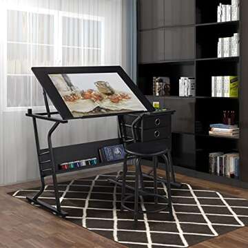 Yaheetech Adjustable Drafting Table with Stool & Storage for Artists