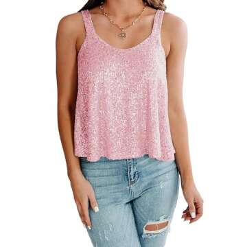Women Sequin Summer Solid Color Sleeveless Sparkle Tops Glitter Camisole Crop T-Shirts Pink S