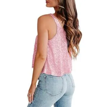 Women Sequin Summer Solid Color Sleeveless Sparkle Tops Glitter Camisole Crop T-Shirts Pink S