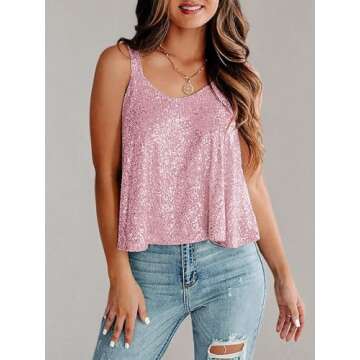 Women Sequin Summer Solid Color Sleeveless Sparkle Tops Glitter Camisole Crop T-Shirts Pink S
