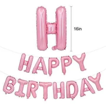 TONIFUL Light Pink Happy Birthday Balloons Banner, 16 Inch Mylar Foil Letters Birthday Sign Bunting ...