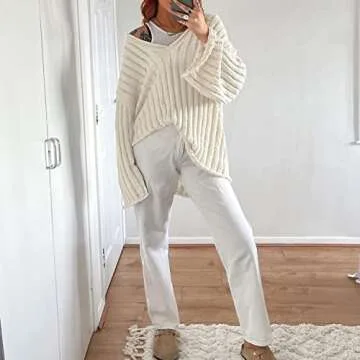 Sdencin Women Off Shoulder Oversized Knit Sweater Long Sleeve Deep V-Neck Casual Loose Pullover Tops Jumper Streetwear White