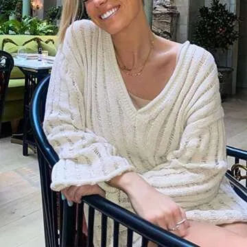 Sdencin Women Off Shoulder Oversized Knit Sweater Long Sleeve Deep V-Neck Casual Loose Pullover Tops Jumper Streetwear White