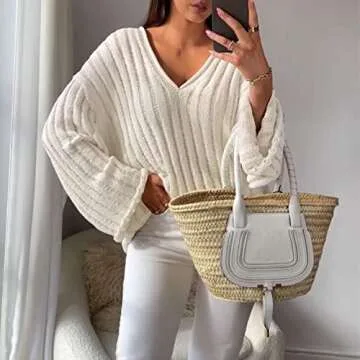 Sdencin Women Off Shoulder Oversized Knit Sweater Long Sleeve Deep V-Neck Casual Loose Pullover Tops Jumper Streetwear White