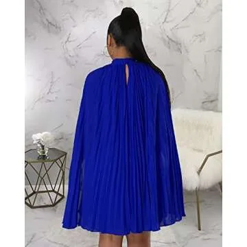 Ekaliy Women’s Stand Collar Cloak Long Sleeve Cape A Line Dress Elegant Pleated Mini Evening Dress Blue XL