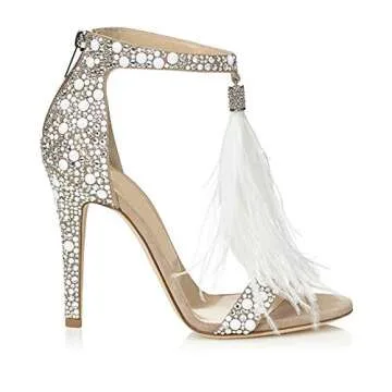 Hinyyrin Women's Tassels Rhinestone Heeled Sandals Wedding Dress White Sandals Stiletto Heel Pearl Size 8