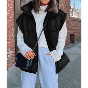 PRETTYGARDEN Women's Puffer Vest Fall Casual Stand Collar Lightweight Sleeveless Zip Up Padded Jackets Outerwear (Black,Small)