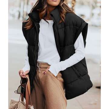 PRETTYGARDEN Women's Puffer Vest Fall Casual Stand Collar Lightweight Sleeveless Zip Up Padded Jackets Outerwear (Black,Small)