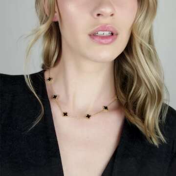 SHINYY Dainty Four Leaf Clover Choker Necklace for Women 18K Gold Plated Stainless Steel Black Lucky 4 Leaf Dangle Chain Jewelry gift for Mother and Daughter (Gold Black)