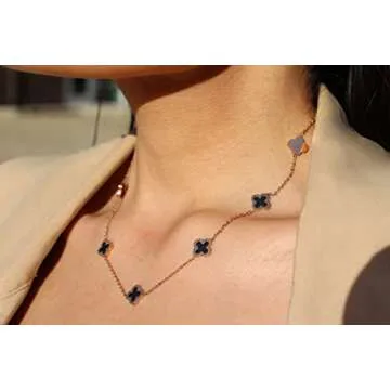 SHINYY Dainty Four Leaf Clover Choker Necklace for Women 18K Gold Plated Stainless Steel Black Lucky 4 Leaf Dangle Chain Jewelry gift for Mother and Daughter (Gold Black)