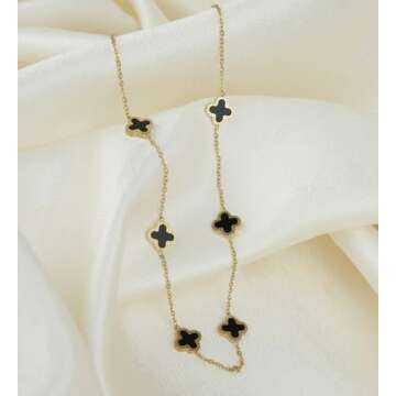 SHINYY Dainty Four Leaf Clover Choker Necklace for Women 18K Gold Plated Stainless Steel Black Lucky 4 Leaf Dangle Chain Jewelry gift for Mother and Daughter (Gold Black)