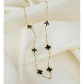 SHINYY Dainty Four Leaf Clover Choker Necklace for Women 18K Gold Plated Stainless Steel Black Lucky 4 Leaf Dangle Chain Jewelry gift for Mother and Daughter (Gold Black)