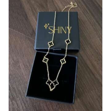 SHINYY Dainty Four Leaf Clover Choker Necklace for Women 18K Gold Plated Stainless Steel Black Lucky 4 Leaf Dangle Chain Jewelry gift for Mother and Daughter (Gold Black)