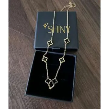 SHINYY Dainty Four Leaf Clover Choker Necklace for Women 18K Gold Plated Stainless Steel Black Lucky 4 Leaf Dangle Chain Jewelry gift for Mother and Daughter (Gold Black)