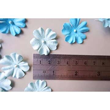 100 pcs Flat Paper Flowers for Crafts 25mm Mini Mulberry Paper Flowers for Crafts Scrapbooking Wedding Card Supplies Embellishment Craft Flowers Pressed DIY Gifts (Blue Tone)